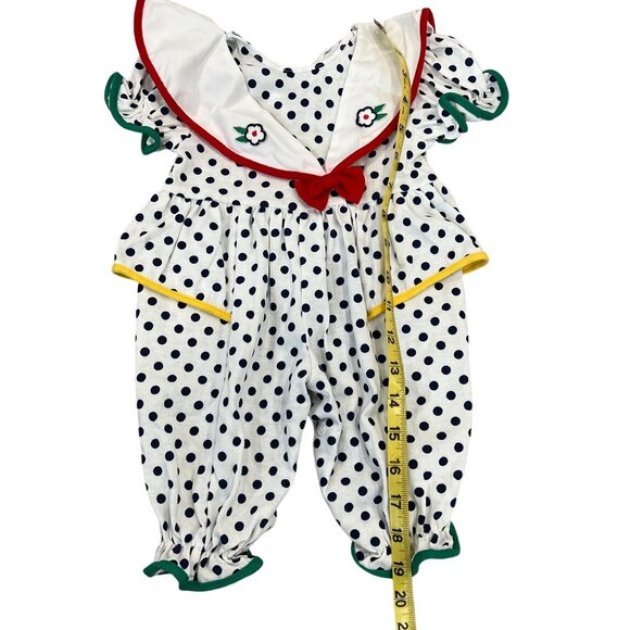 Vintage Baby Girl Polka Dot Bubble Romper Sailor Collar Red Bow Floral Embroider - Picture 3 of 5